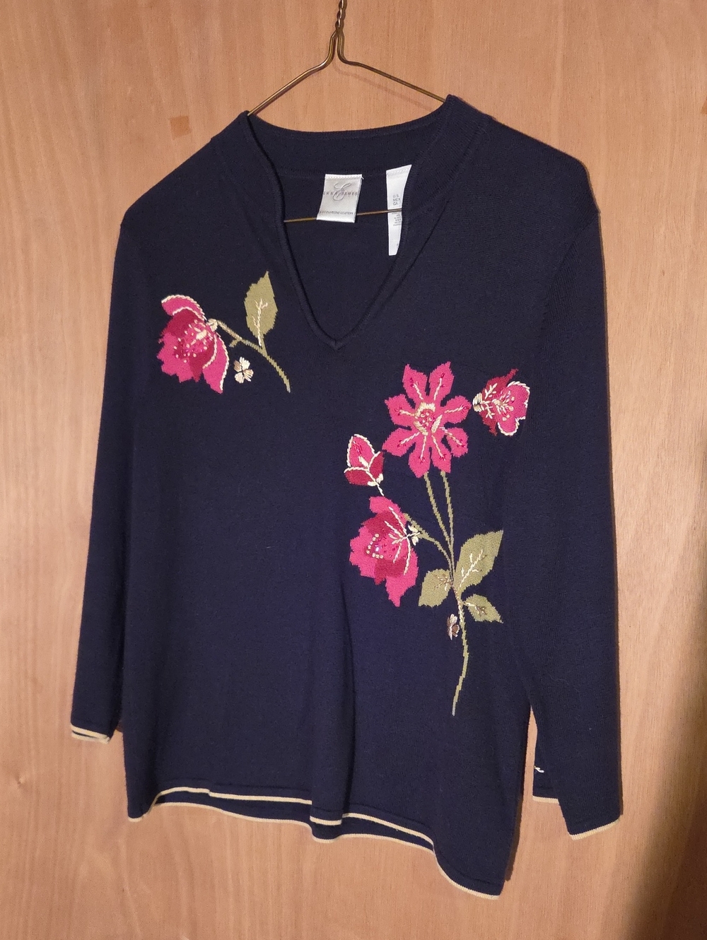 Emma James Black V-Neck Sweater with Pink Floral Embroidery